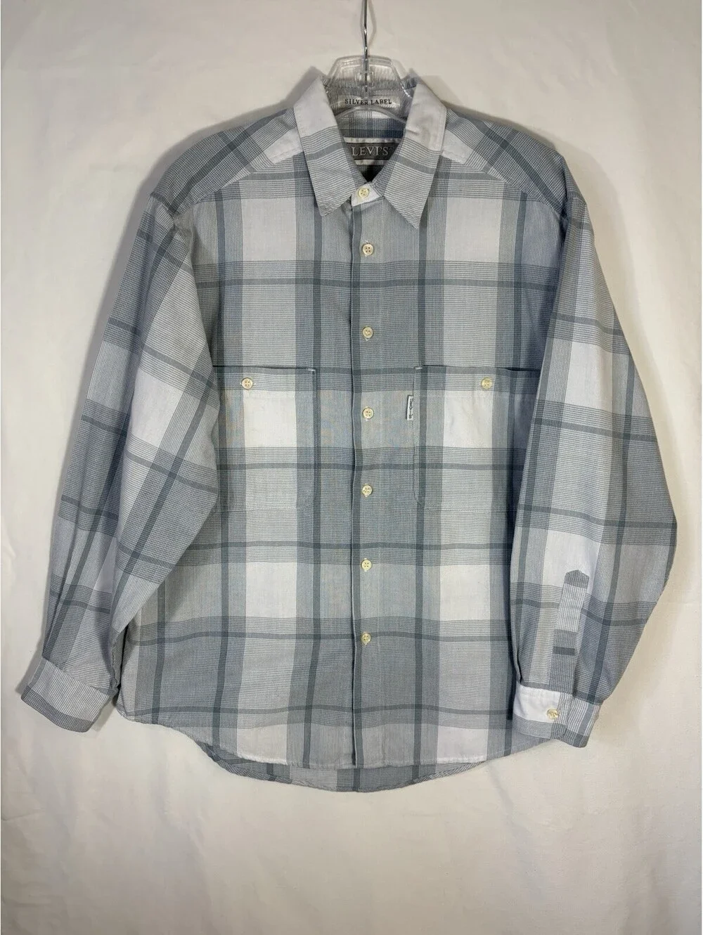 Vintage Levis Silver Label Mens L Plaid Button Up Shirt Blue Gray Cotton 90s